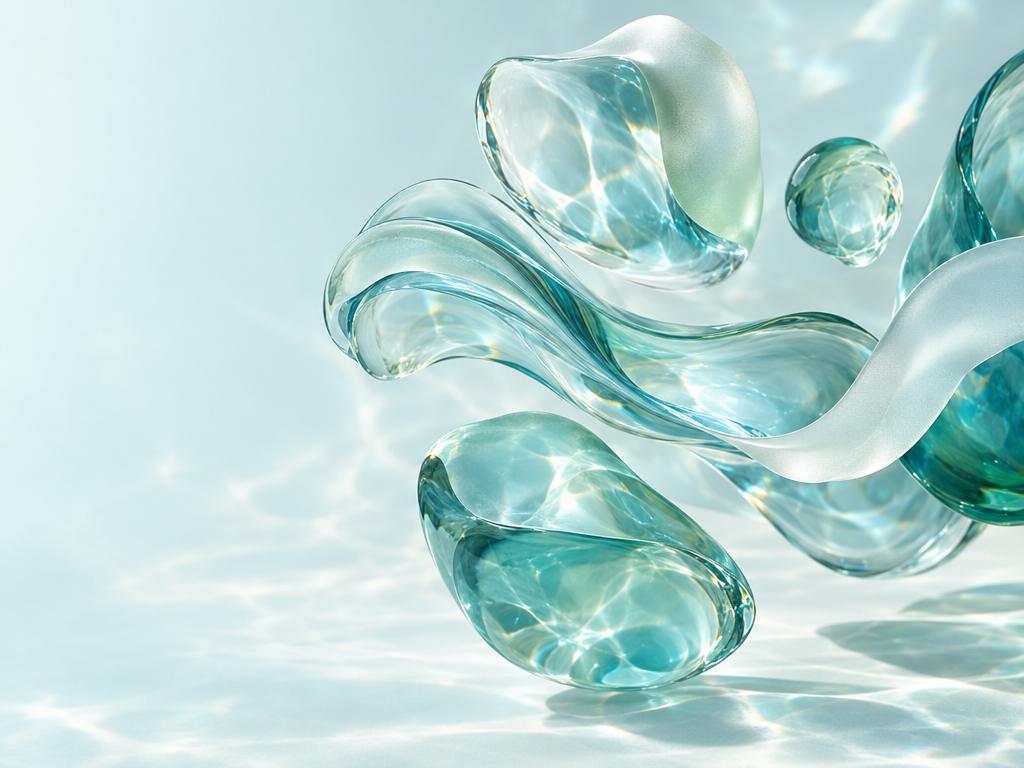 Translucent liquid-glass shapes in turquoise and sea green catching soft light