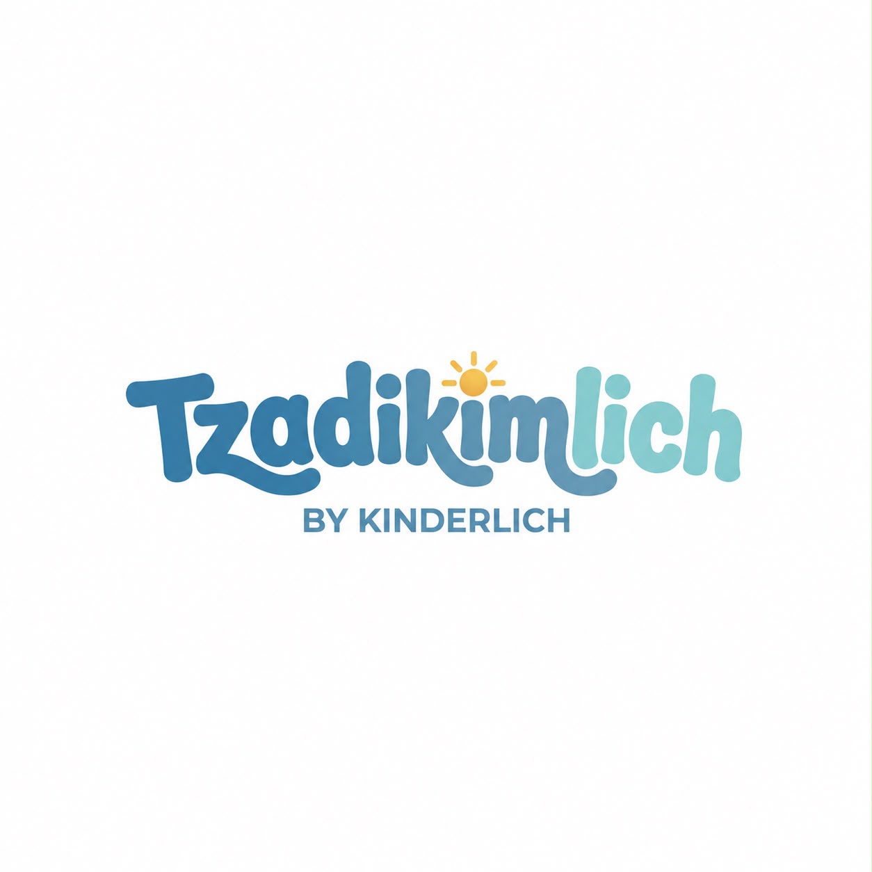 Tzadikimlich by Kinderlich logo: playful rounded blue-to-aqua wordmark with a yellow sun over the i