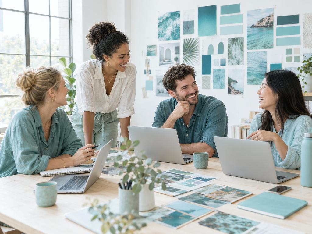 The Tovia team collaborating around a table in a bright studio