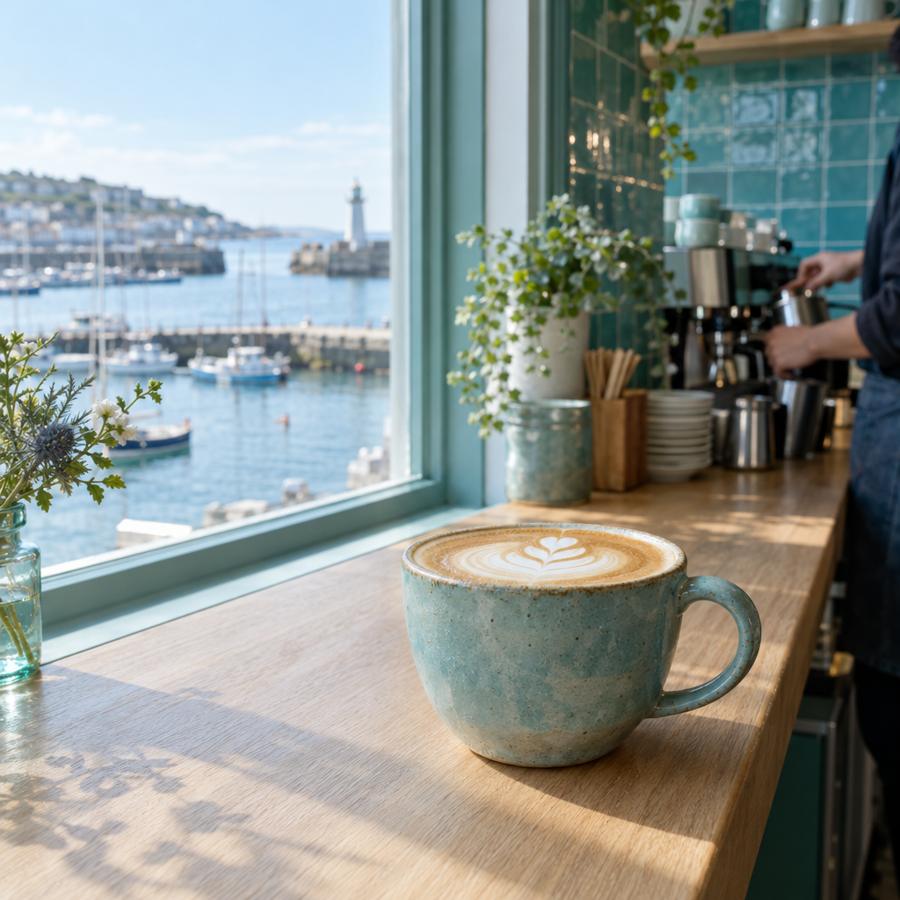 Latte on an oak counter by a window overlooking a harbor