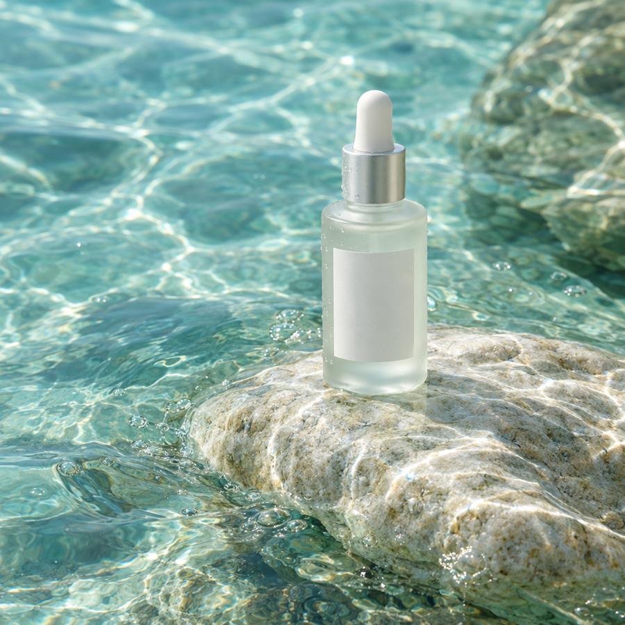 Frosted serum bottle on wet stone in clear turquoise water